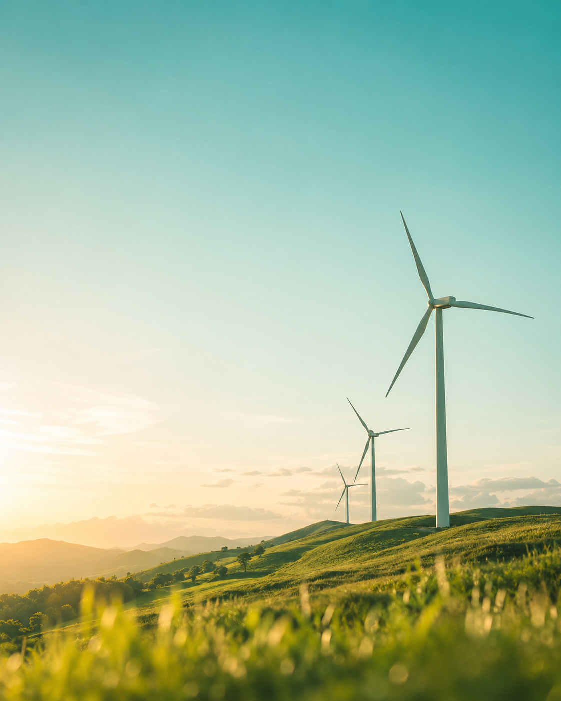 Windräder auf grünen Hügeln im Abendlicht