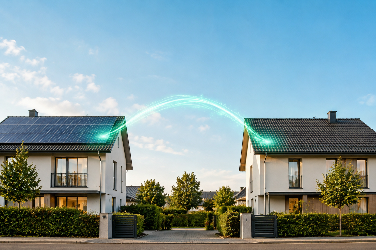 Zwei Häuser, verbunden durch grünen Energiefluss