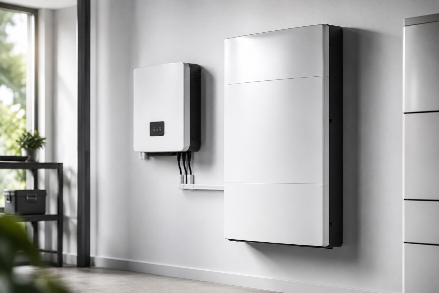 Batteriespeicher und Wechselrichter an der Wand