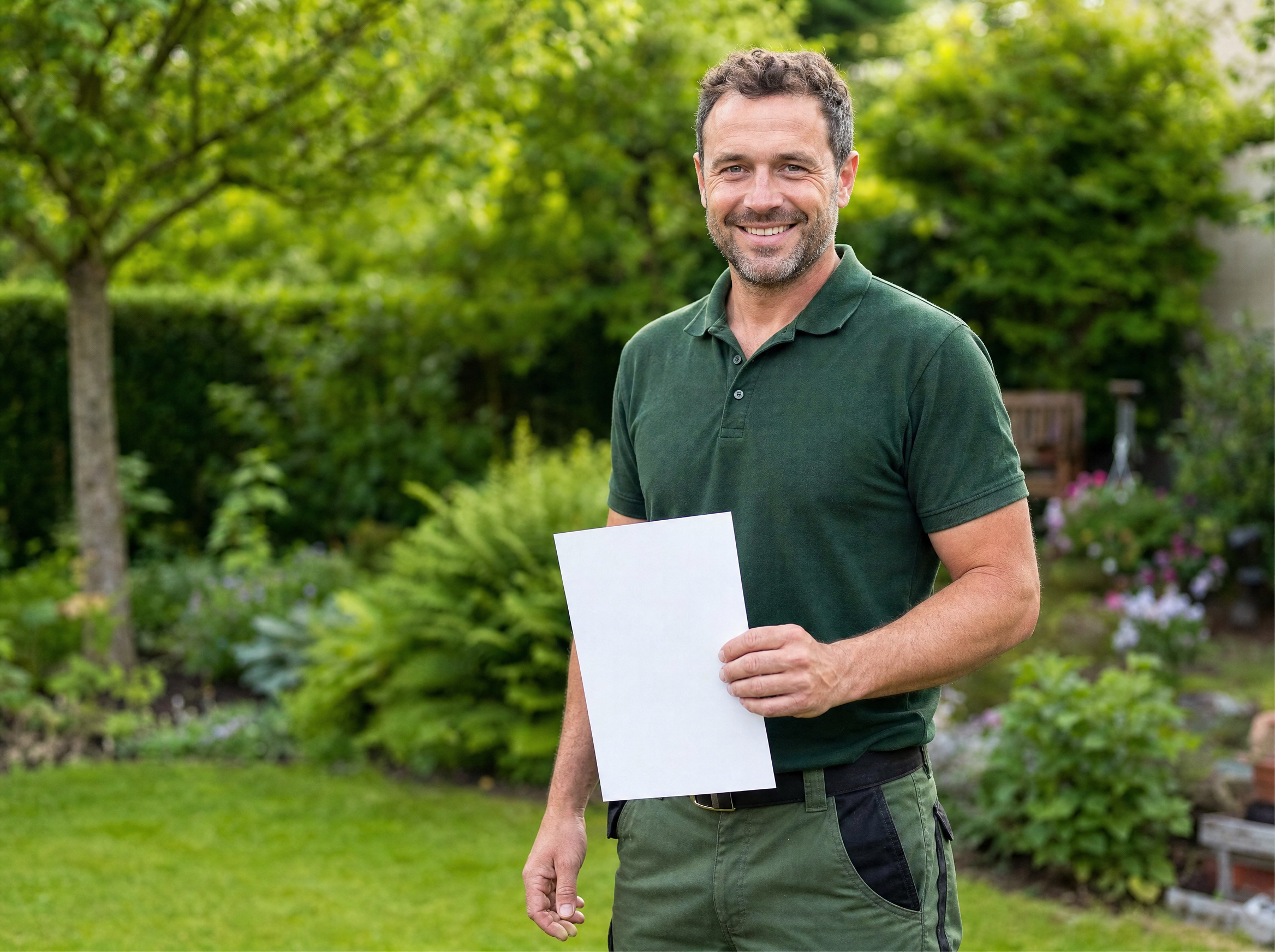 Handwerker im Garten mit Unterlagen